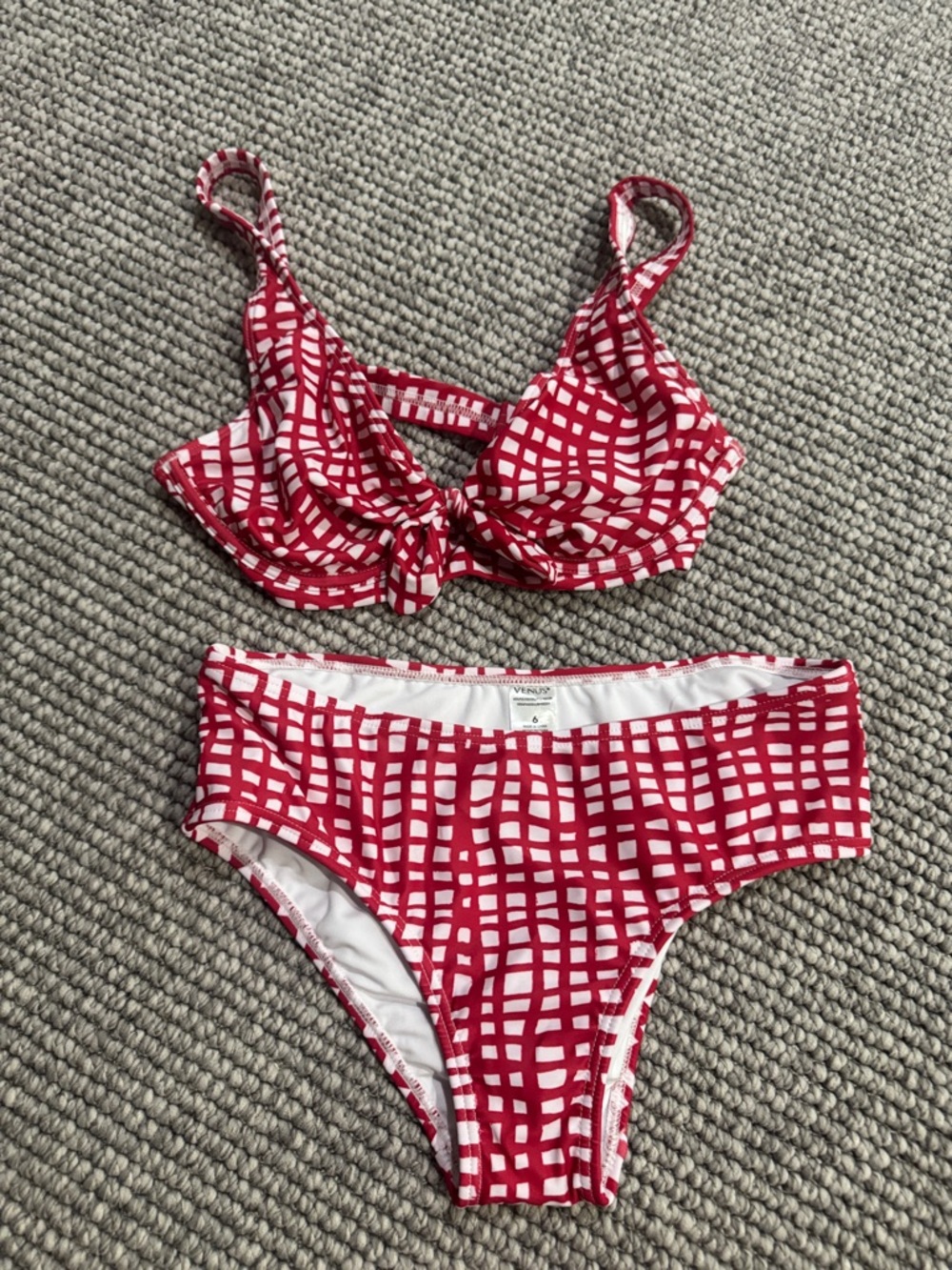 VENUS Red and White Checkered Swim Top